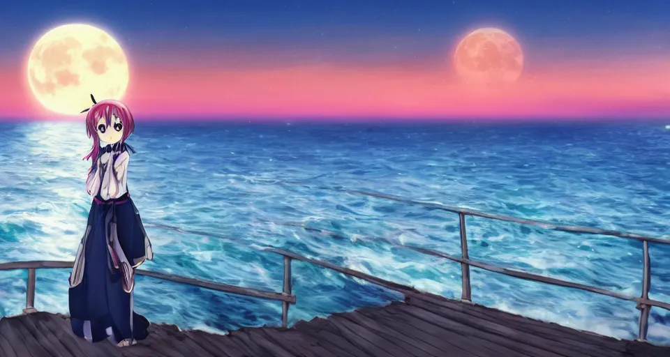 Prompt: one anime girl standing on a pier with the ocean as background at twilight, her blue shiny detailed eyes are looking at the camera, cute, big moon above the water, colorful, magical, detailed face, small nose and mouth, normal big anime eyes, 8k, based on Puella Magi Madoka Magica