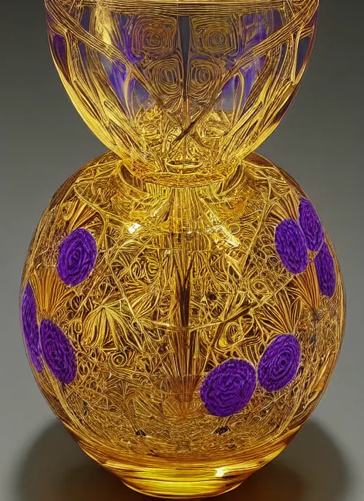 Image similar to Vase in the shape of impossible geometry by Escher, intricate gold threads, containing colorful flowers, designed by Rene Lalique