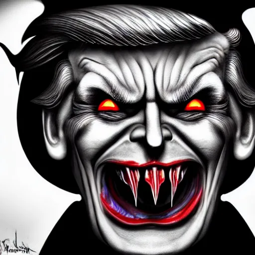 Image similar to donald trump dracula, fangs, character portrait, close up, concept art, intricate details, hyper realistic, in the style of otto dix and h. r giger