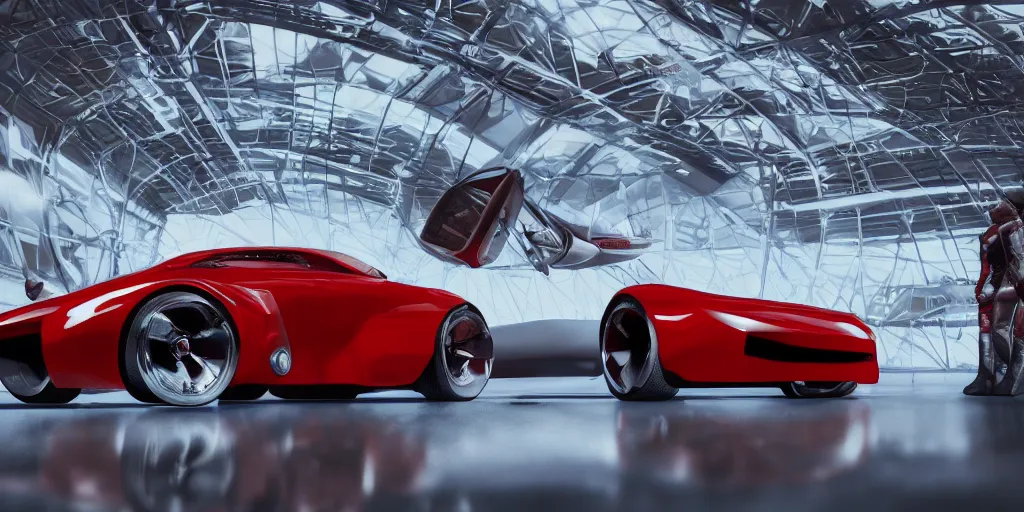 Image similar to kama - 1 concept car, inside futuristic hangar, red car, sharp focus, ultra realistic, ultra high pixel detail, cinematic, intricate, cinematic light, concept art, illustration, art station, unreal engine 8 k