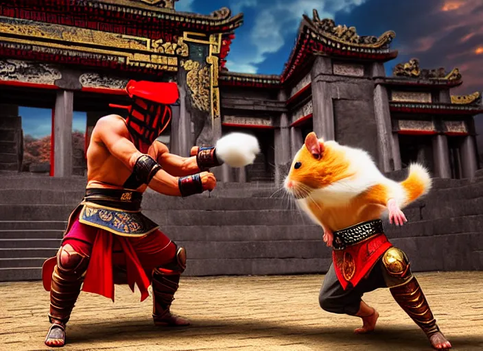 Image similar to hamster dressed as shao khan fights a cat dressed as kung lao in mortal kombat on the background of an ancient temple. fantasy magic style. highly detailed 8 k. intricate. lifelike. soft light. sony a 7 r iv 5 5 mm. cinematic post - processing