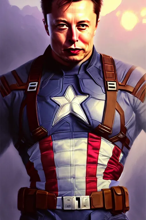 Image similar to elon musk as captain america, portrait, highly detailed, digital painting, artstation, concept art, smooth, sharp focus, illustration, cinematic lighting, art by artgerm and greg rutkowski and alphonse mucha