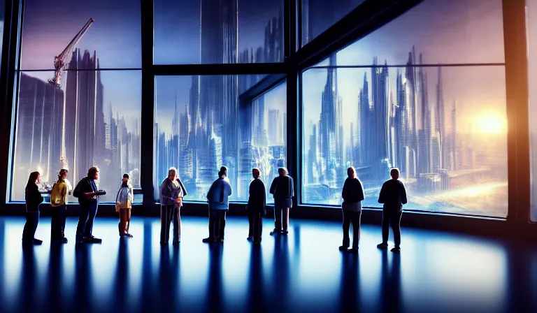 Prompt: group of people in simple windowed warehouse, looking at hologram of futuristic city on a table, cinematic concept art, godrays, golden hour, natural sunlight, 4 k, clear details, tabletop model buildings, center model buildings, hologram center, crane shot, crane shot, crane shot