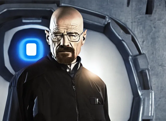 Prompt: film still of Walter White as Gordan Freeman wearing a black HEV suit with a lambda logo in front with a glowing blue portal in the background in the Half Life Movie, 4k