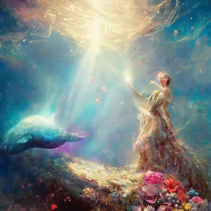 Image similar to glimmering whale, flowing dress, flowers, cosmos, milky way galaxy, golden hour, god rays, coral reef, dreamscape by artgerm and ruan jia and ismail inceoglu and greg olsen, masterpiece, beautiful, intricate, elegant, highly detailed