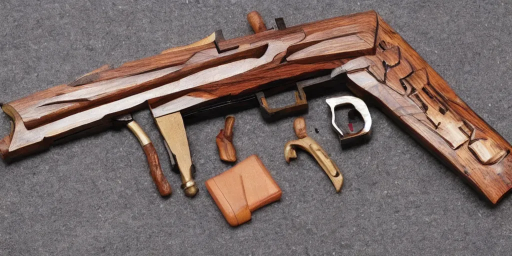 Image similar to a magic gun made out of wood, intricate details, professional