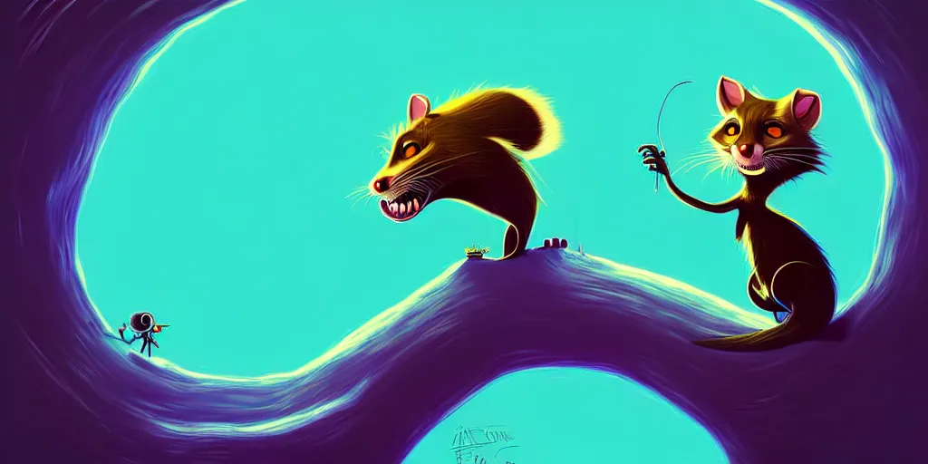 Image similar to curved perspective, extreme narrow, extreme fisheye, digital art of a marten animal cartoon character wearing a wig a jewlery by anton fadeev from nightmare before christmas