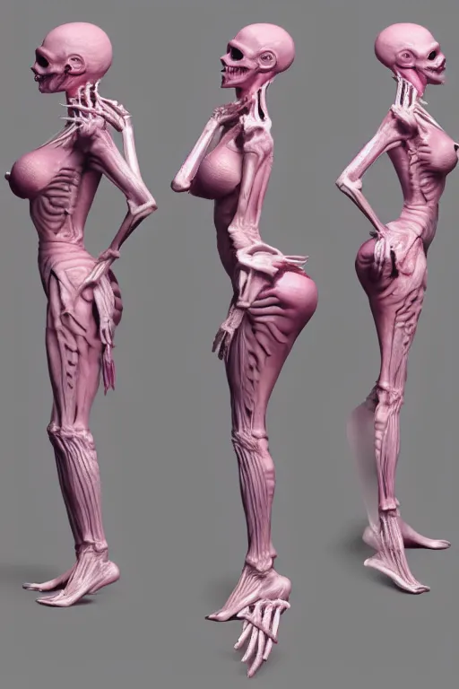 Image similar to creature's form with feminine curves and skin texture, feminine features, feminine fluid, creature with soft orchid - like bones, colour mist pink, form by augustin cardenas, 3 d rendering, 8 k
