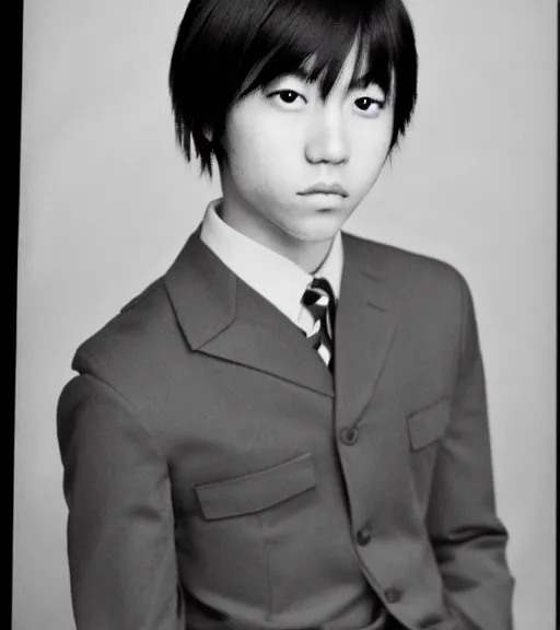 Prompt: a professional eighty five mm portrait photograph of shuichi saihara, an eighteen year old japanese man with gray eyes, long eyelashes, feminine features, black school uniform, and dark blue hair, emo, thin eyebrows, beautiful features, detective