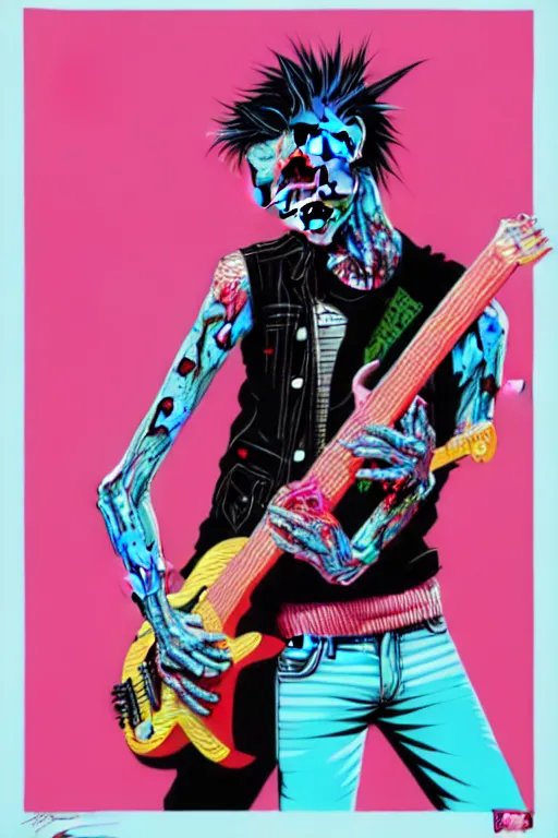 Image similar to risograph of a punk zombie playing guitar, tristan eaton, victo ngai, artgerm, rhads, ross draws, intricated details