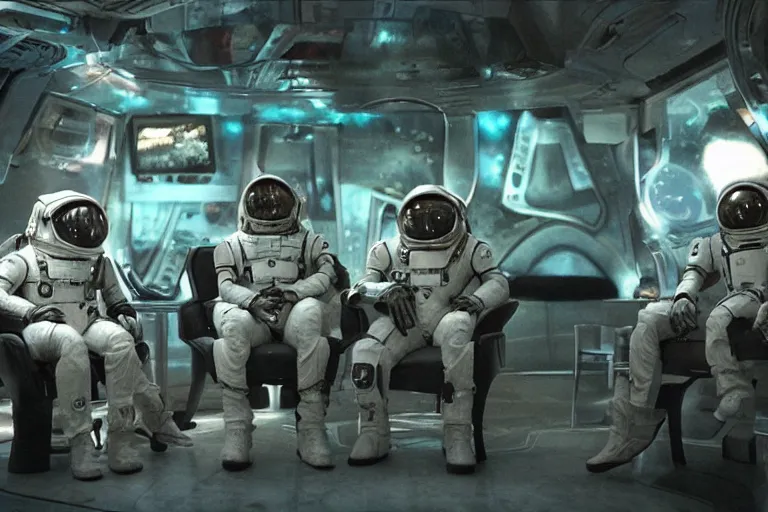 Prompt: sci-fi cinematography of space soldiers sitting in an alien bar. By Emmanuel Lubezki