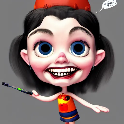 Prompt: baby harley queen caricature playing with a magic wand, full body, big head, large smile, pixar style, 4 k trending on artstation