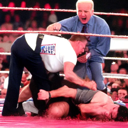 Prompt: joe biden getting body slammed at 1 9 9 9 wrestlemania