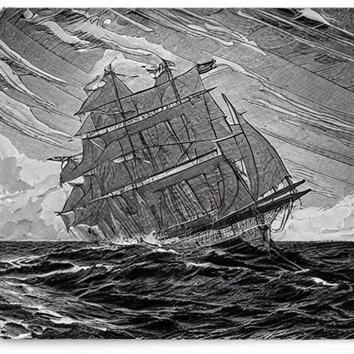 Prompt: galley on stormy seas by ed fairburn, joseph clement coll, franklin booth