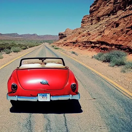 Image similar to three friends in an open convertible, roadtrip on route 66