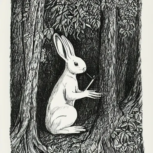 Prompt: drawing of a white bunny smoking a big cigarette in the deep tangled forest, by edward gorey, by gustav dore, black ink on white paper