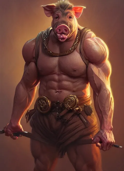 Image similar to portrait of aggressive pig humanoid, d & d, muscular! fantasy, intricate, elegant, highly detailed, digital painting, artstation, concept art, smooth, sharp focus, illustration, art by artgerm and greg rutkowski and alphonse mucha