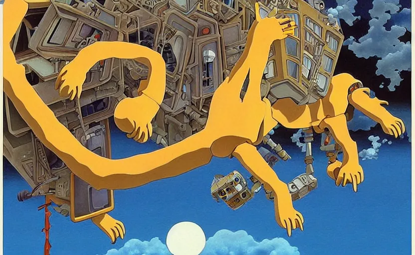 Image similar to beautiful painting from the anime film by studio ghibli, floppy eared dog devouring a robot, happy, MC Escher inspired by Salvador Dali-H 1024