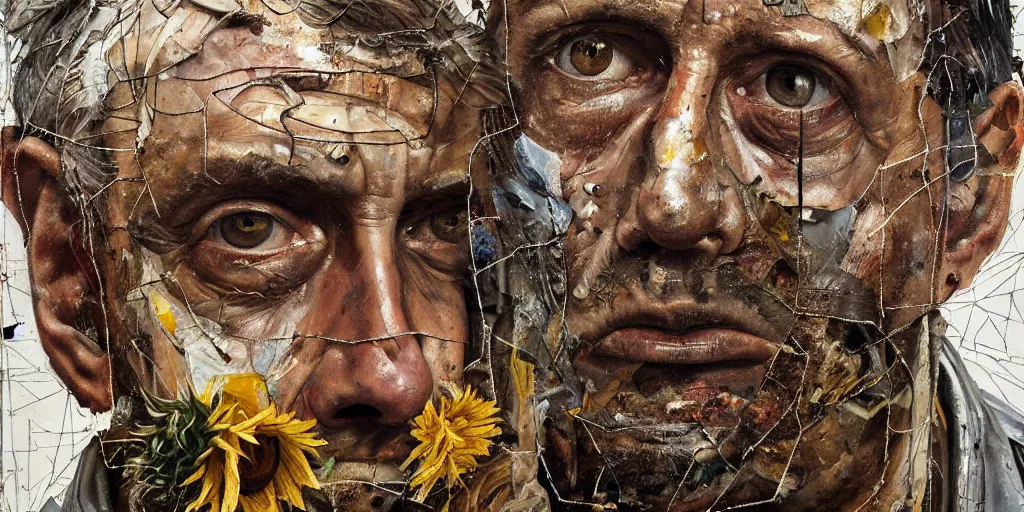 Image similar to a close up portrait a very ordinary middle-aged man with a sad expression, front angle, by Anselm Kiefer and Lucian Freud and Jenny Saville, oil painting, rust, Scaffolding, rusted metal and sunflowers, iron cladding, decay, mixed media, textured, anatomically correct, beautiful perfect face, visible brushstrokes, sharp focus, Highly Detailed, photographic emulsion peeling, Cinematic Lighting, 8k, HD