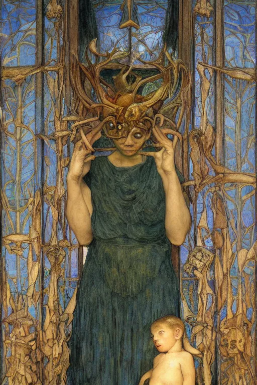 Prompt: the prince in his bone crown and regalia stands by the window at dusk,by Annie Swynnerton and Diego Rivera and Elihu Vedder, symbolist, dramatic lighting, elaborate geometric ornament, Art Brut, soft blues and greens,smooth, sharp focus, extremely detailed, Adolf Wölfli and (Evelyn De Morgan)