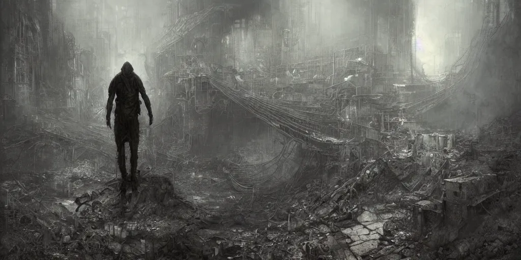 Image similar to lost and alone in an industrial wasteland by gustave dore and gustave moreau and beksinski and giger and craig mullins and jeremy mann