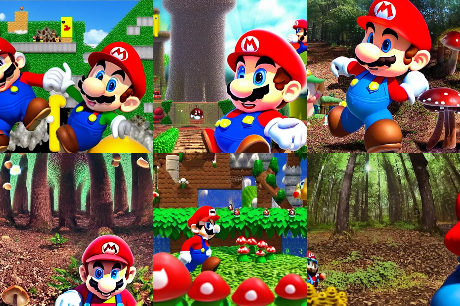 Prompt: GoPro footage of super Mario running through a nuclear forest full of mushrooms