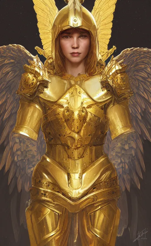 Image similar to Portrait of an archangel with golden wings, heavy armor and helmet, confident, heaven background, intricate, headshot, highly detailed, digital painting, artstation, concept art, sharp focus, cinematic lighting, illustration, art by artgerm and greg rutkowski, alphonse mucha, cgsociety