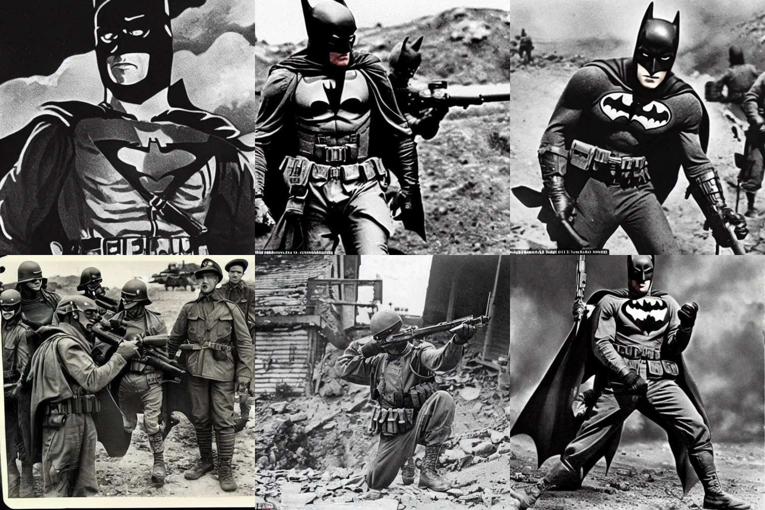 Prompt: an old war photo of batman dressed in a uniform from 1 9 4 0, fighting with american soldiers in world war 2, war photography