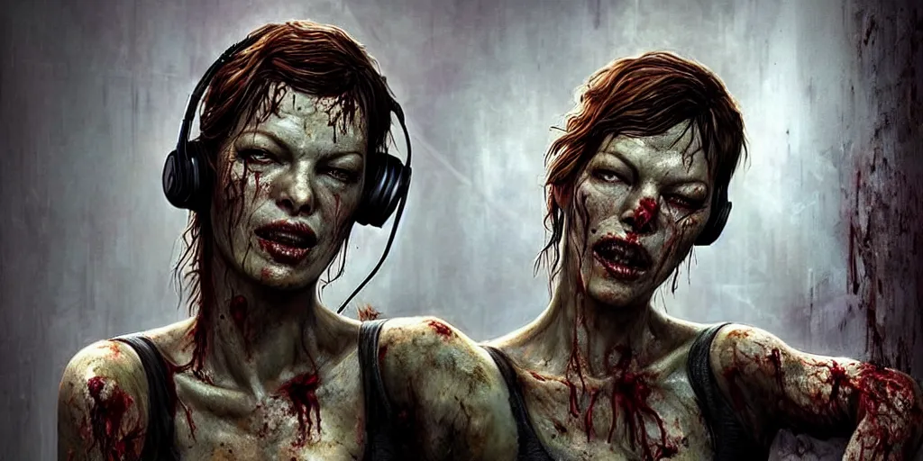 Image similar to cropped upper body photo : ( subject = luscious! milla jovovich! as a zombie wearing!! headphones!! + subject detail = futuristic, monster anatomy, dom qwek, john howe, highly detailed sculpture ) in the last of us, by stephen bliss, rhads, ferdinand knab, rossdraws, tom bagshaw, global illumination