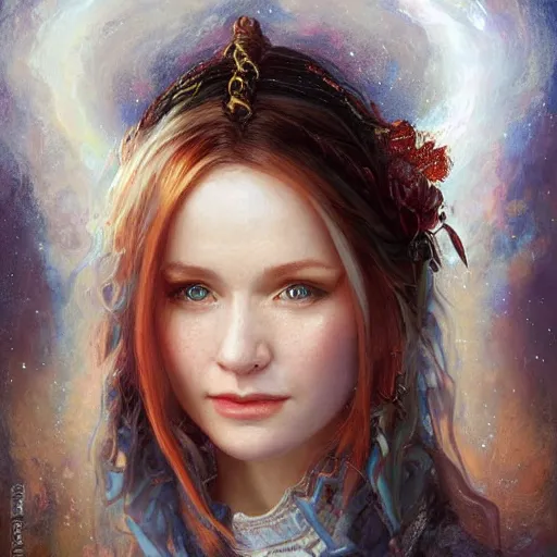 Image similar to portrait of a icelandic woman ( 3 5 ) from iceland in 2 0 2 1, an oil painting by ross tran and thomas kincade