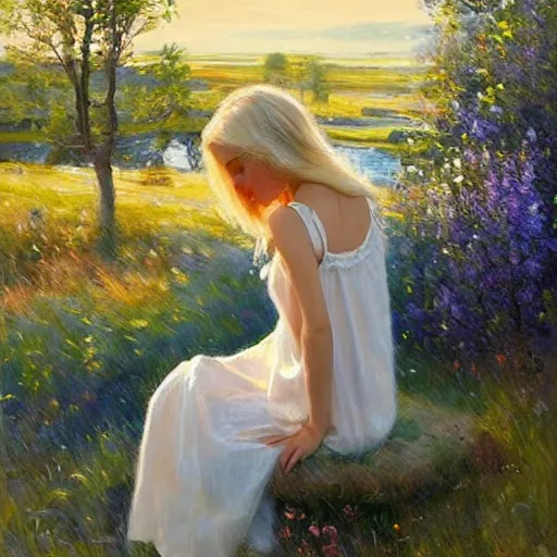 Prompt: blonde woman, nightgown, swedish countryside, archipelago, morning, masterpiece, highly detailed, beautiful, atmospheric, impressionism, painting by Vladimir Volegov