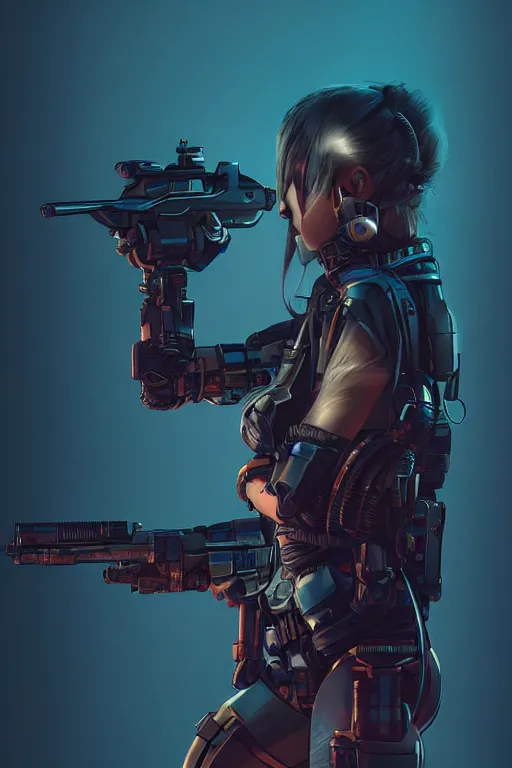 Prompt: beautiful illustration of a cyborg mercenary girl holding a rifle, art by wlop, artgerm, liam wong, upper body, cyberpunk, neon, elegant, highly detailed, trending on artstation, sharp focus, caustics, octane render, radiant light, 4 k