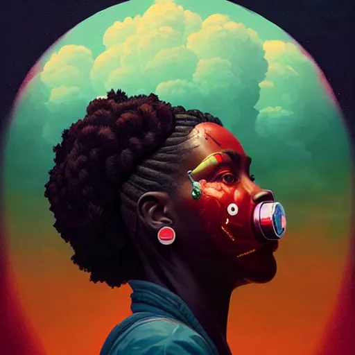 Image similar to side profile of a black woman :: blood :: background sea :: intricate details :: oxygen implant :: 8k :: simon stalenhag and Sandra Chevrier