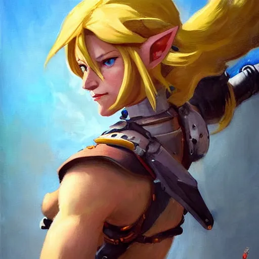 Prompt: greg manchess portrait painting of partially armored female link from legend of zelda as overwatch character, medium shot, asymmetrical, profile picture, organic painting, sunny day, matte painting, bold shapes, hard edges, street art, trending on artstation, by huang guangjian and gil elvgren and sachin teng