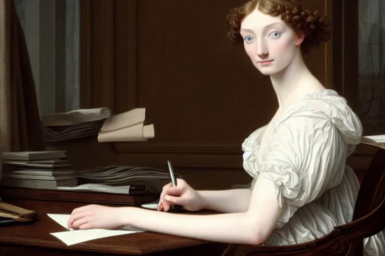 Prompt: 1 8 1 0 s eleanor tomlinson at her desk by vittorio reggianini, bright lighting, perfectly detailed eyes, beautiful hands, pale skin, clear face