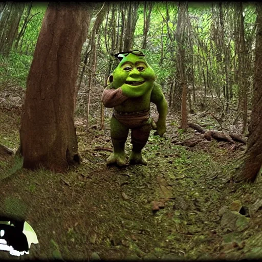Prompt: Shrek caught on trail cam, trail camera footage, wide angle lens, night vision, grainy