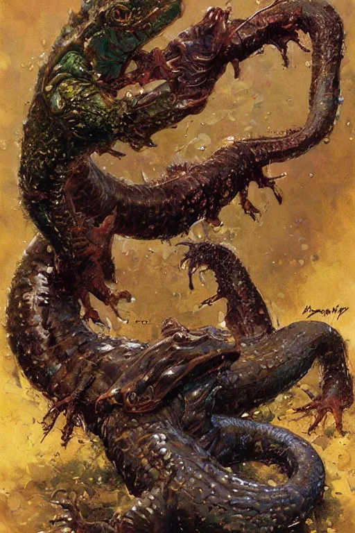 Image similar to full body portrait of huge slimy bipedal salamander, by norman rockwell, jack kirby, jon berkey, earle bergey, craig mullins, ruan jia, jeremy mann, tom lovell, marvel, astounding stories, 5 0 s pulp illustration, scifi, fantasy, artstation creature concept