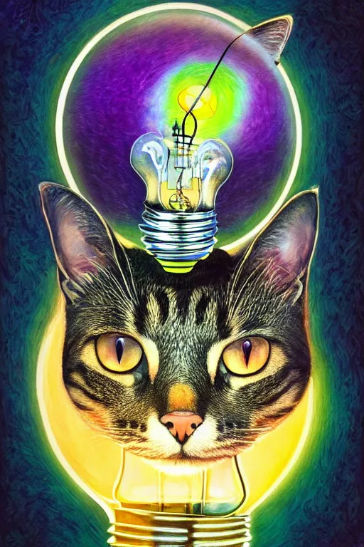 Image similar to portrait of a cat's head inside an upside down light bulb, modern fine art, intricate, elegant, subsurface scattering, highly detailed, pop art painting, organic acrylic flow art, psychedelic fractal art, acrylic art, watercolor, featured on deviantart, cgsociety