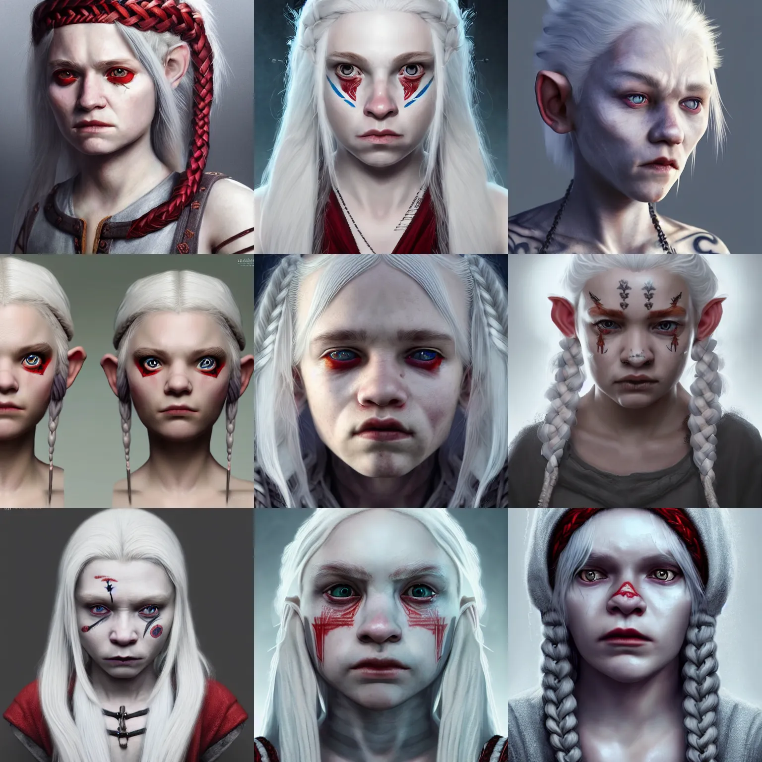 Prompt: realistic portrait of a young female halfling with white - hair!!! and a grey cloak and geometric facial - tattoos, albino, red - iris, long braided hair, haunted sad expression, artstation, cinematic lighting, hyper - detailed 8 k