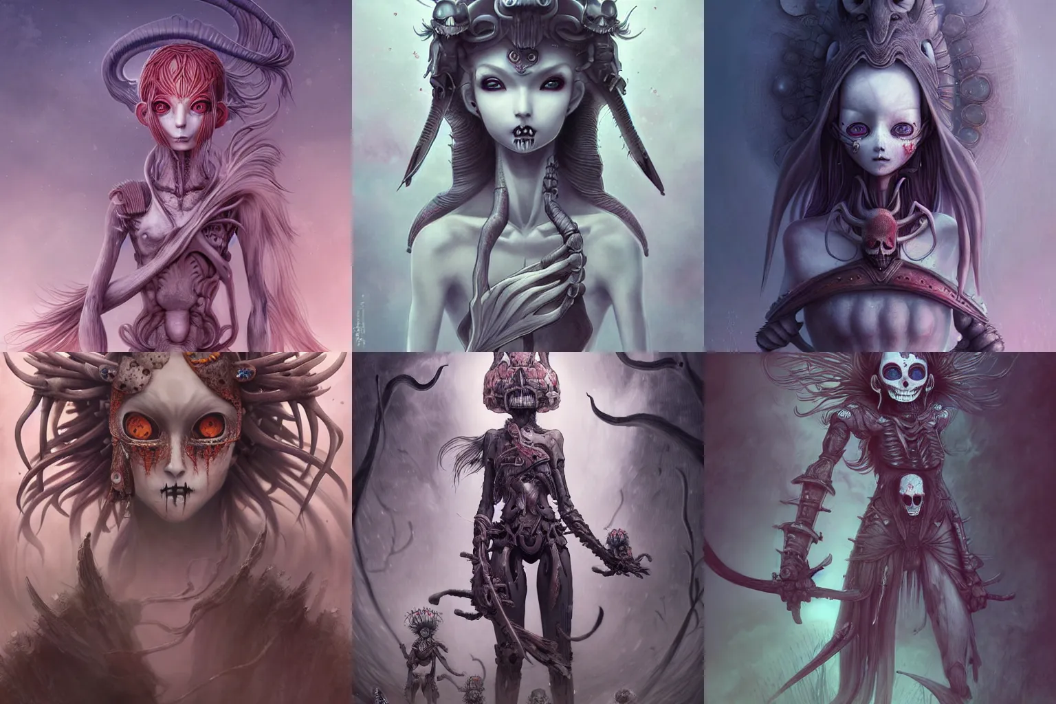Prompt: detailed, sharp, cute humanoid female warriors wearing skulls by Anna Dittmann and by studio ghibli and Tim Burton and Junji Ito and Zdzislaw Beksinski. digital art. surreal. featured on art station. anime arts. featured on Pixiv, HD, 8K, highly detailed, good lighting