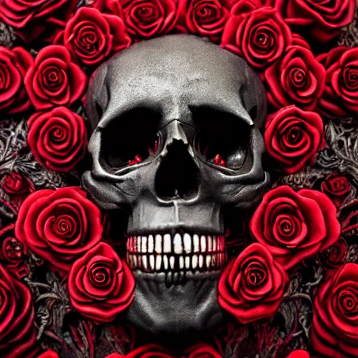 Image similar to skull made of red roses, organic horror, devil, death, giger, epic, baroque, art nouveau, james jean, photorealistic render, 3 ds max + v - ray, extremely detailed and intricate, center composition, elegant, vfx, unreal engine 5, octane render, extremely contrast, extremely sharp lines