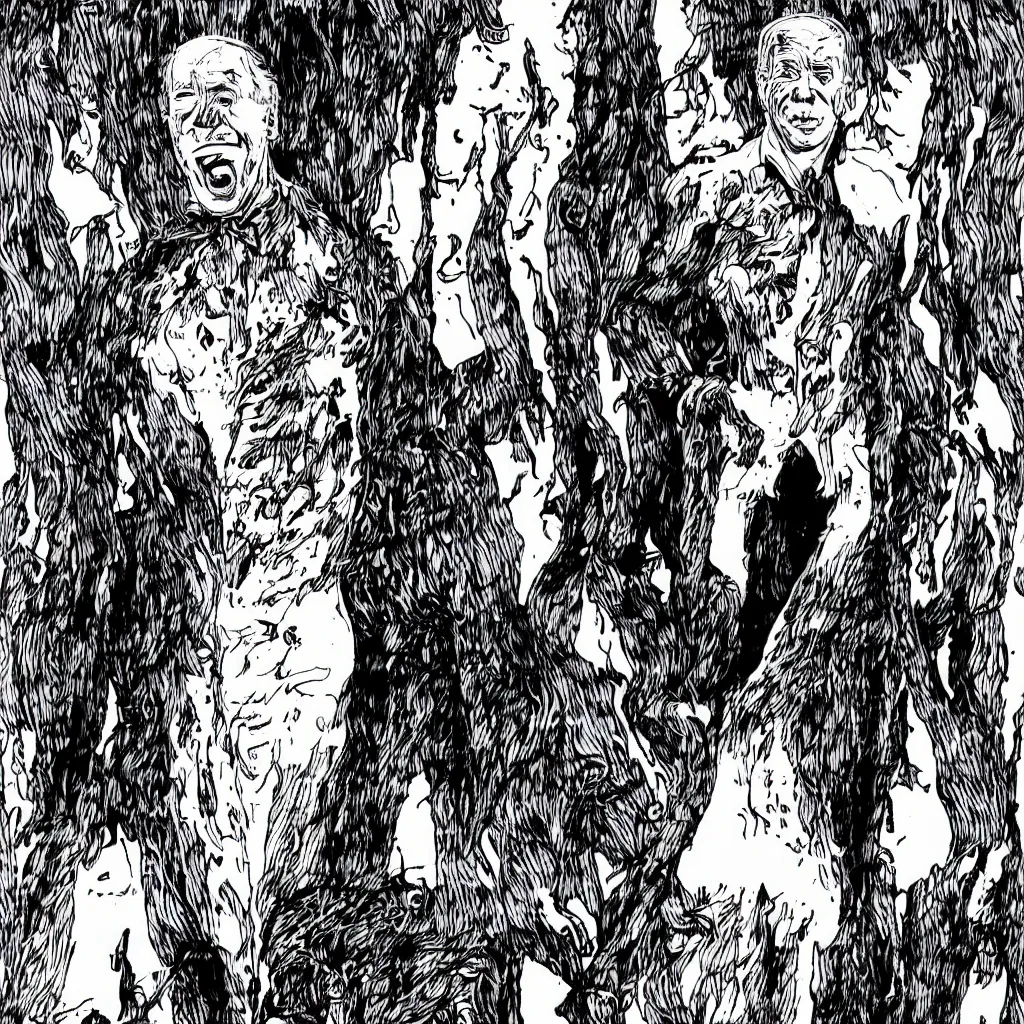 Image similar to Joe Biden full body portrait, body horror, black and white Illustration by Junji Ito