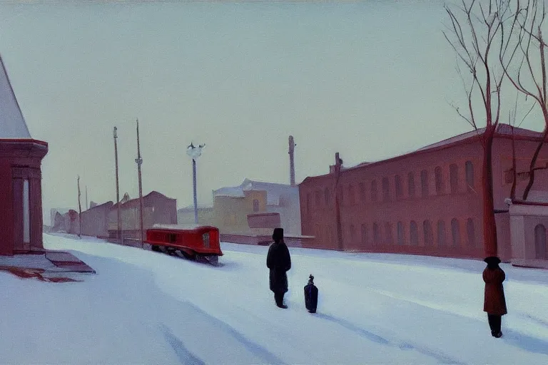 Prompt: an edward hopper style painting of a ( ( ( ( ( ( ( ( miskolc, is a city in northeastern hungary ) ) ) ) ) ) ) ), winter, january of 1 9 4 8