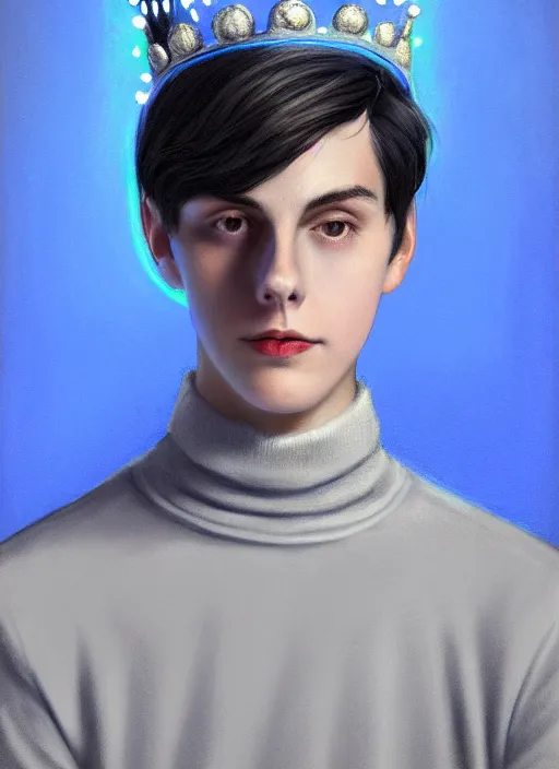 Image similar to portrait of teenage jughead jones wearing a light grey crown, crown, blue turtleneck, 1 9 5 0 s, closed eyes, photorealistic, black hair, glowing lighting, intricate, elegant, glowing lights, highly detailed, digital painting, artstation, concept art, smooth, sharp focus, illustration, art by wlop, mars ravelo and greg rutkowski