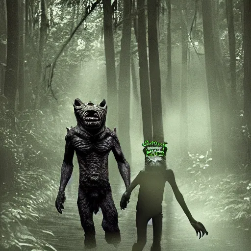 Image similar to werecreature consisting of a alligator and a human, werealligator, photograph captured in a dark forest