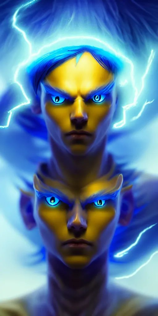 Image similar to wispy charming blue humanoid djinn with yellow eyes and lightning; detailed, best on artstation, cgsociety, wlop, cosmic, epic, stunning, gorgeous, masterpiece