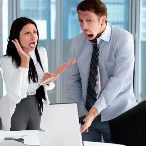 Image similar to a stock photo of shark-faced humans arguing in an office