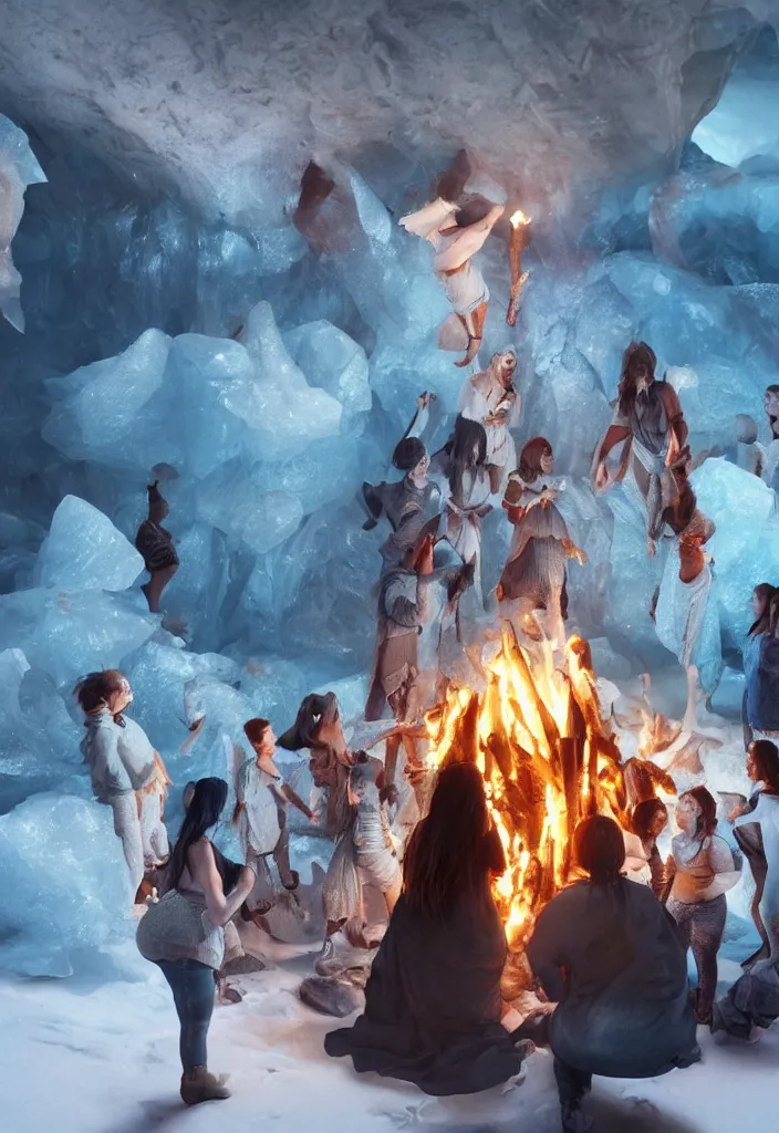 Image similar to epic leader pregnant woman talking to all her tribe around a bonfire, proud people looking at the pregnant woman, ice cave, facinating, fantasy digital art, octane render, beautiful composition, trending on artstation, award - winning photograph, masterpiece