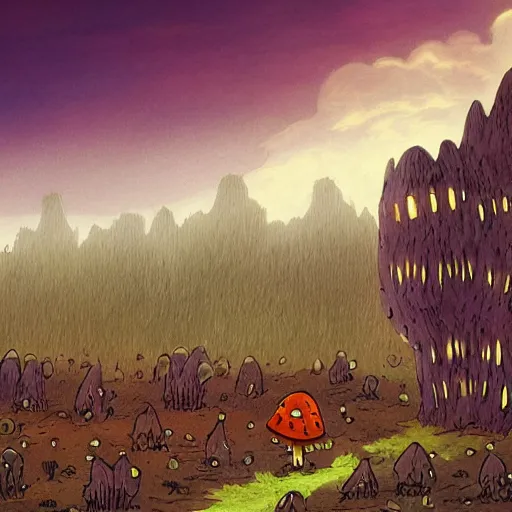 Image similar to a nightmarish creature looming over a city on the horizon, a mushroom forest