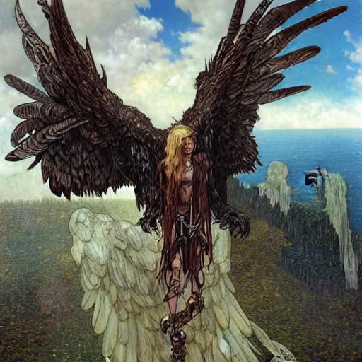 Prompt: giant eagle eating a flying harpy with huge eagle wings being eaten by giant eagle, d & d, fantasy, luis royo, magali villeneuve, donato giancola, wlop, krenz cushart, hans zatka, klimt, alphonse mucha